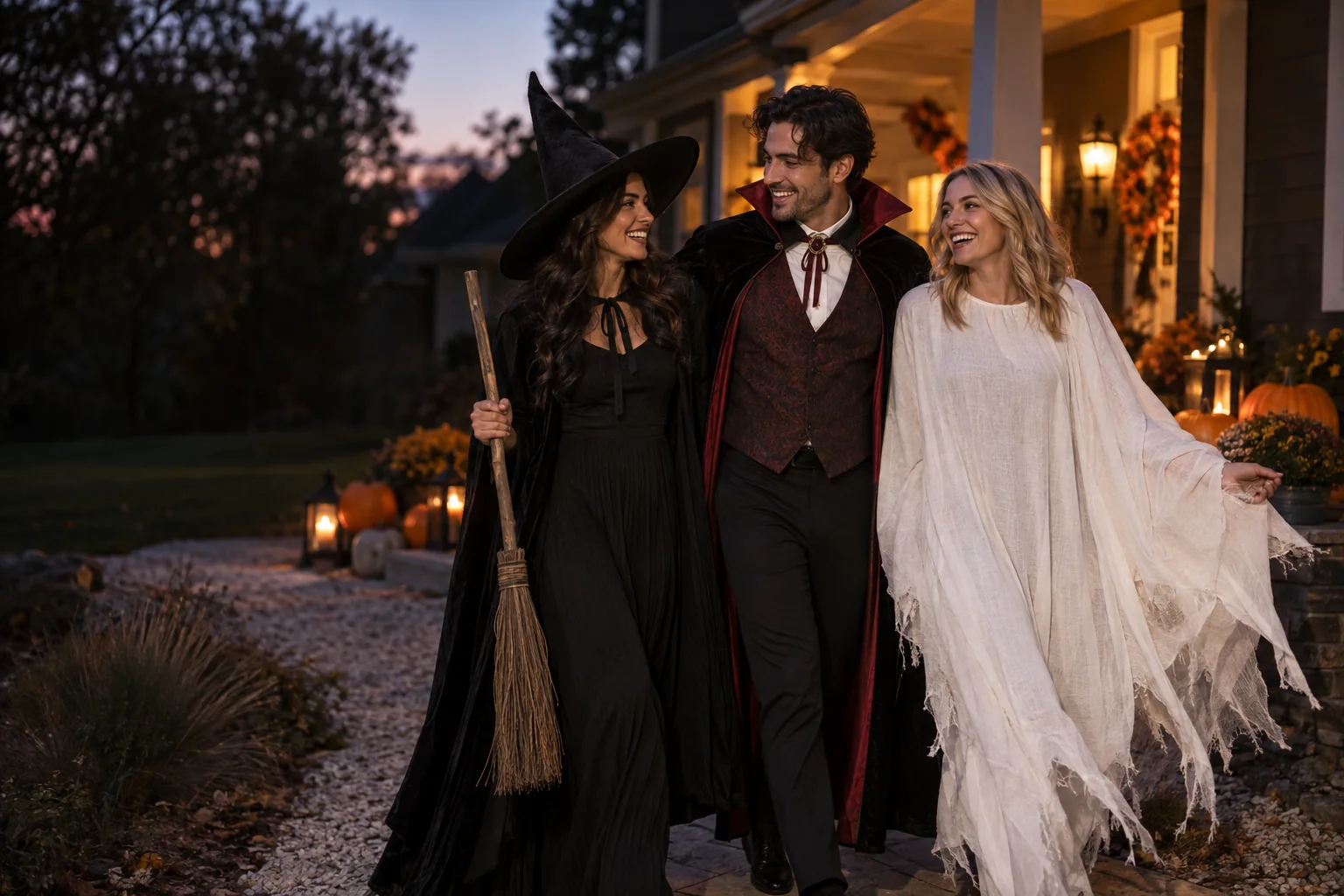 Friends dressed in witch, vampire and ghost-inspired outfits for Halloween