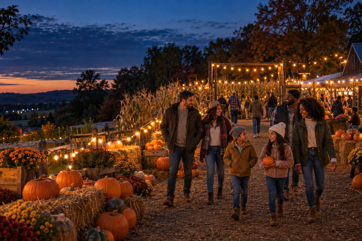 Friends and family walking through a pumpkin patch and community fall festival at dusk
