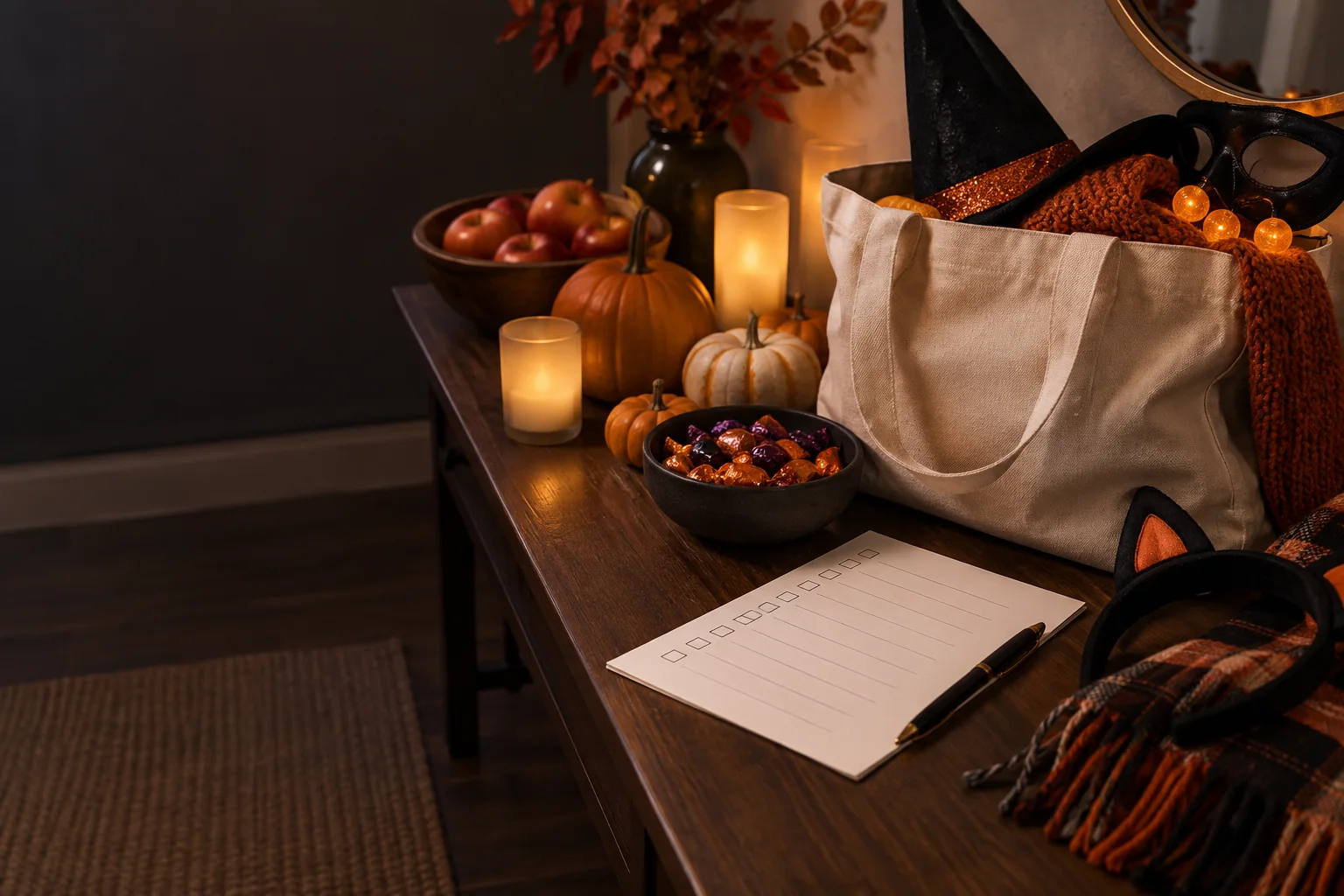 A reusable Halloween tote, wrapped candy, small pumpkins and a blank checklist on a warm entry table